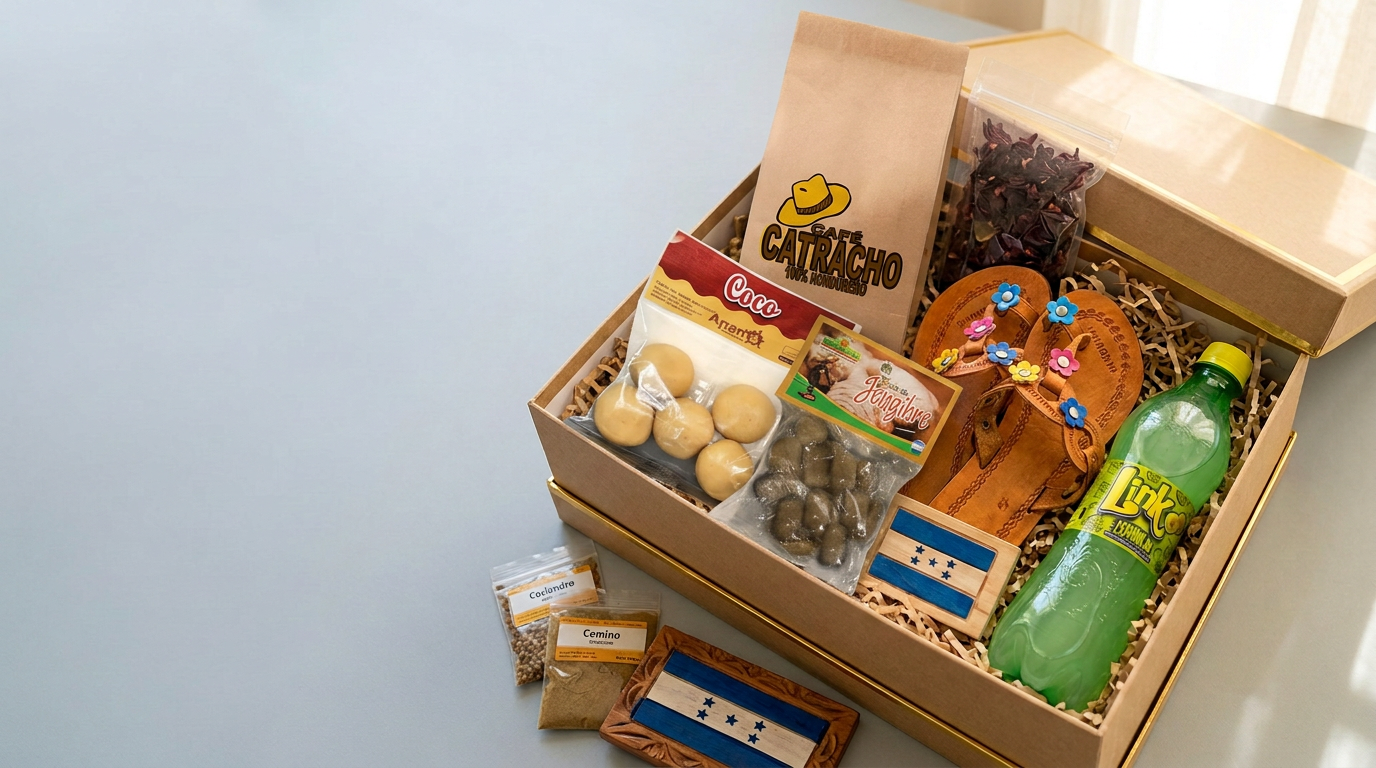 Caja de regalo con productos de Honduras: Batana, café, tableta de coco, sandalias de cuero y Link